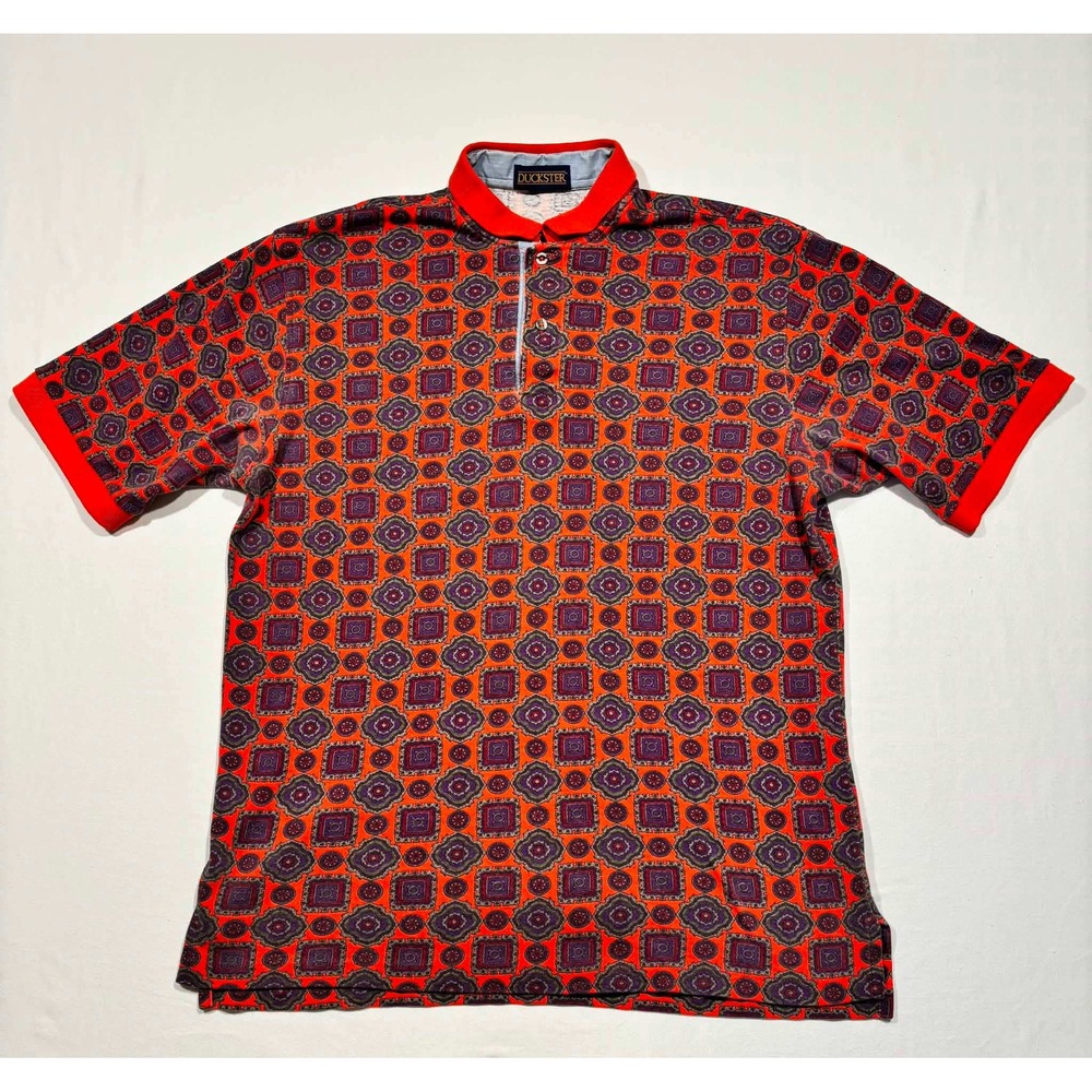 Vintage Duckster Mens Large Red Geometric Medallion Print Cotton Polo Shirt USA‎